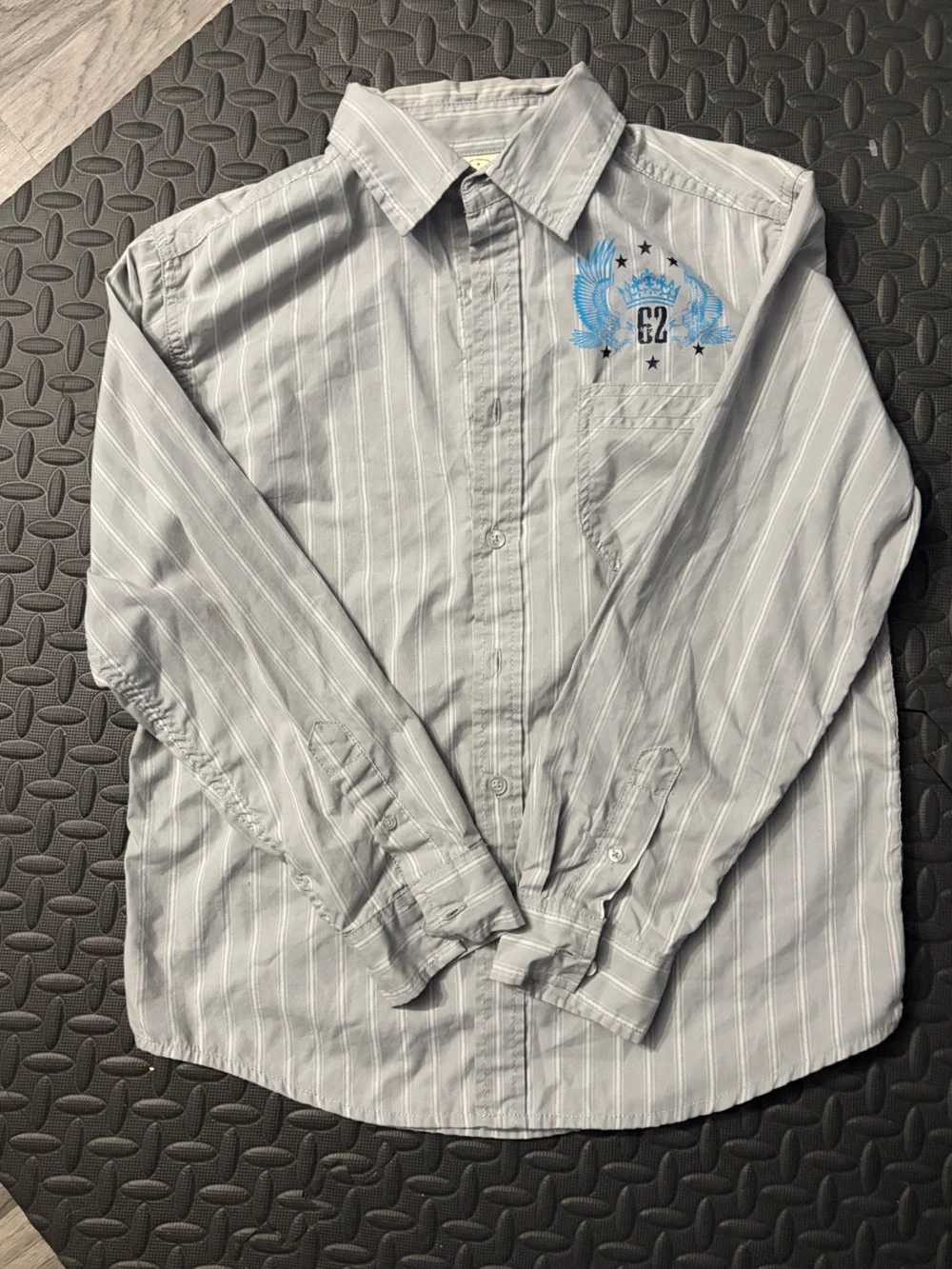 Faded Glory White Pinstripe Button-Down Shirt with Blue Embroidery